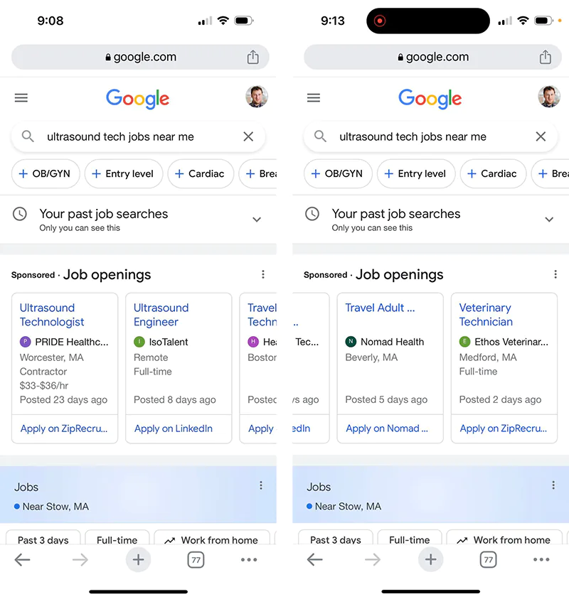 Screenshots der bezahlten Google for Jobs Anzeigen in einem Beta-Test