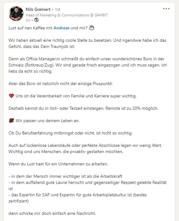Screenshot eines Posts von Nils Greinert: Recruiting auf LinkedIn