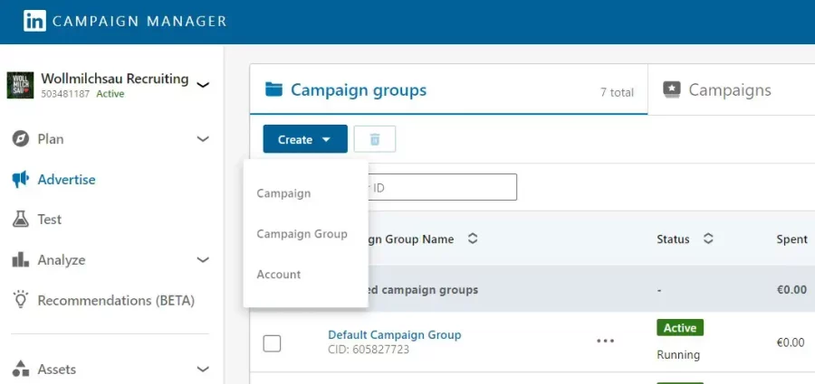 Screenshot LinkedIn: Neue Kampagne anlegen