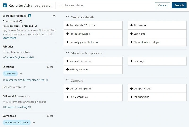 Screenshot der Suchmaske des Linkedin Recruiter Lite für Active Sourcing