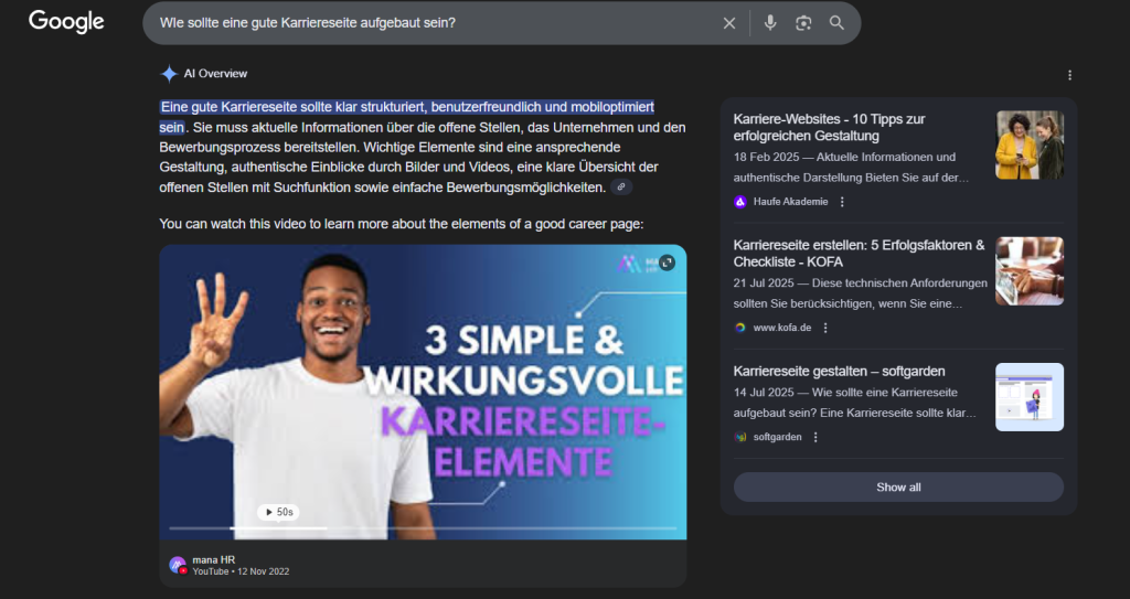 AI Overview Beispiel Karriereseite